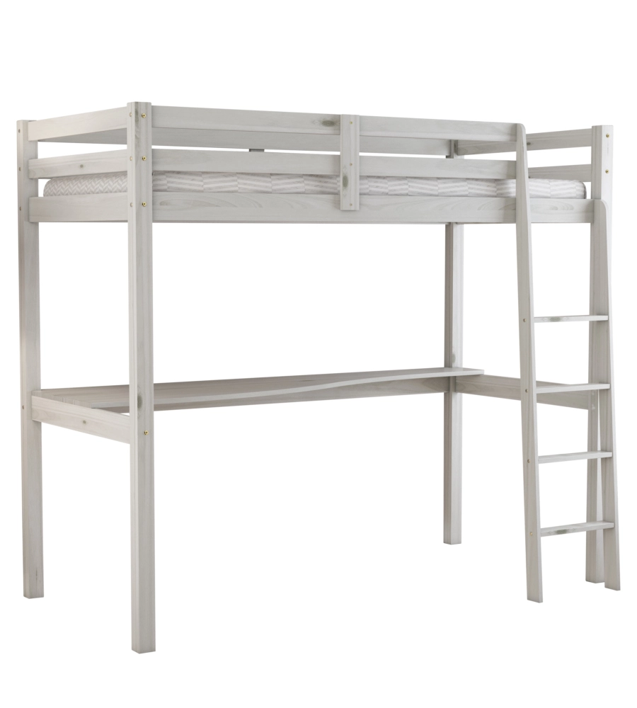 Letto a soppalco con scrivania "nizza" in pino massello bianco naturale, 90x190x176 cm